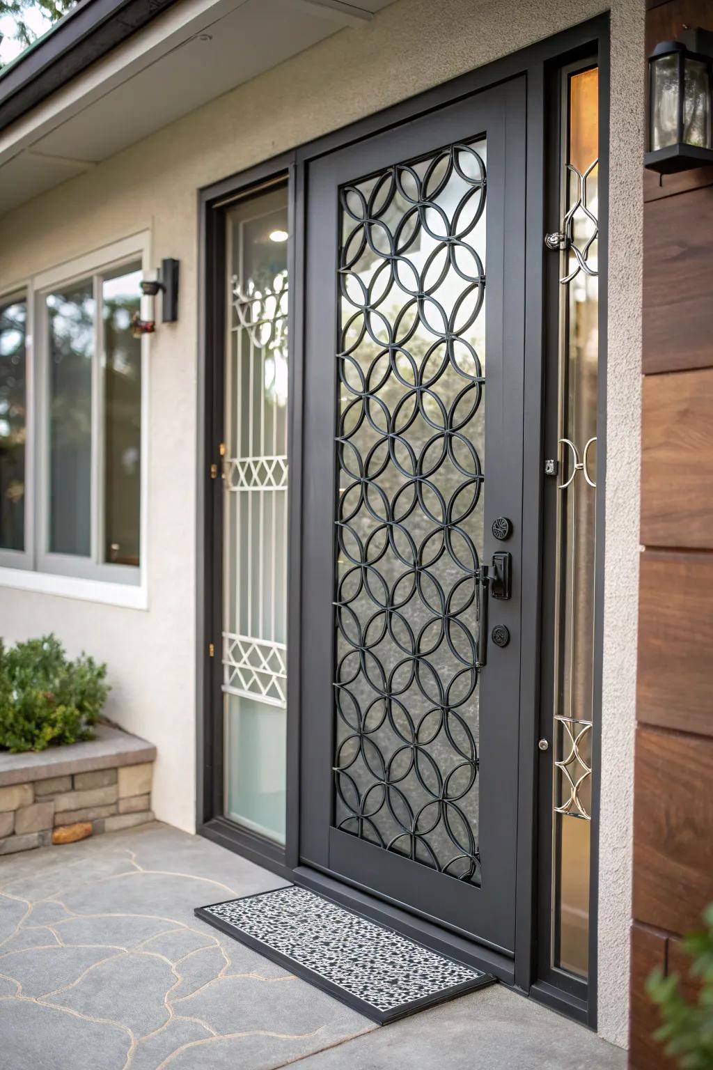 A doorway with a stylish privacy grille.