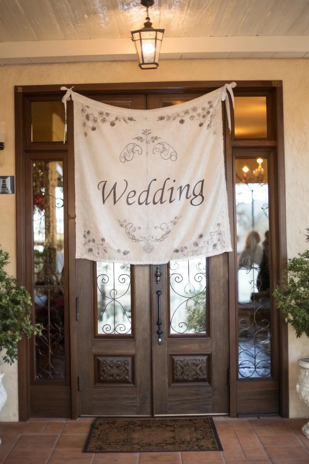 Fabric pennants contribute a personalized and joyful element to your wedding's doorway.