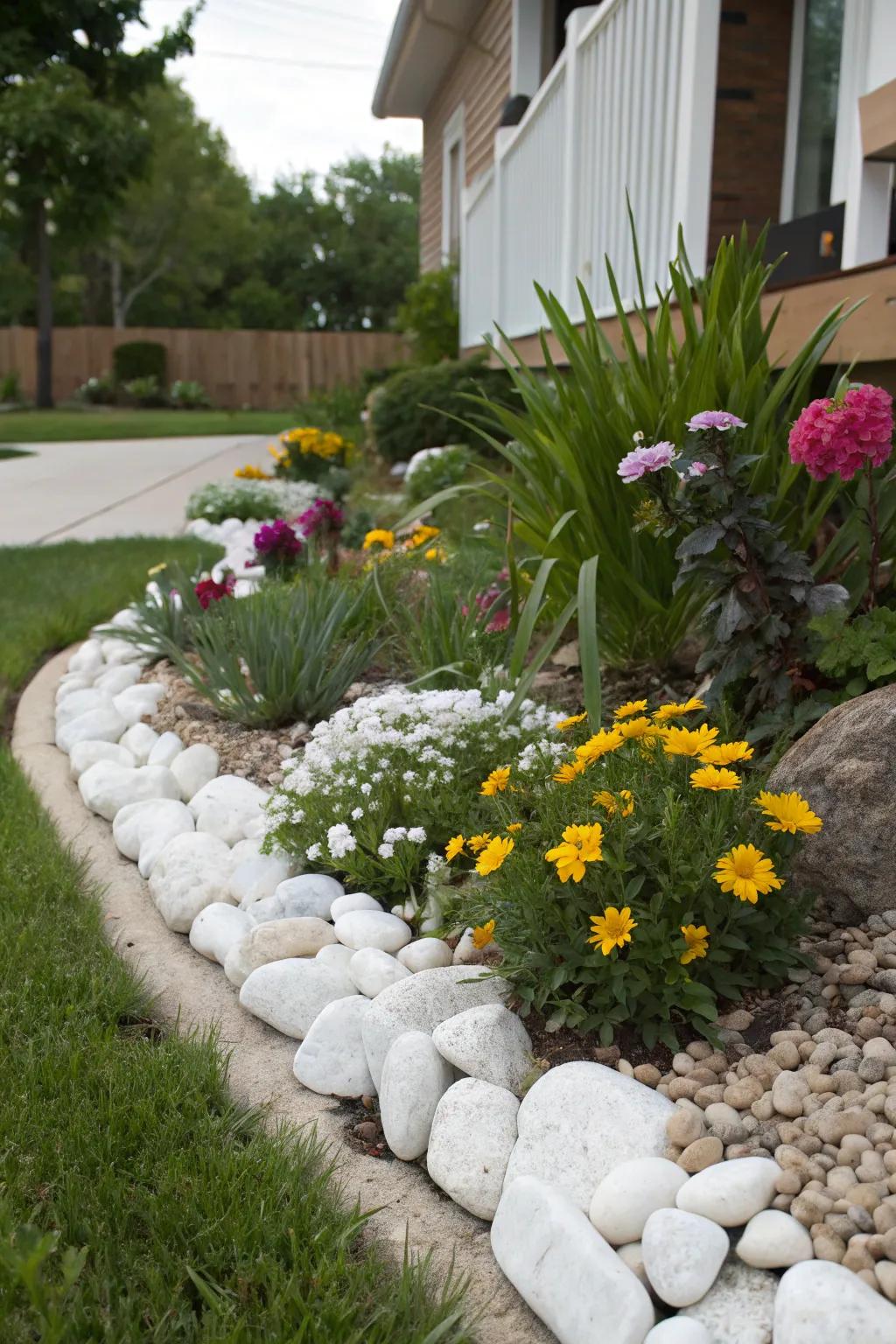 Define flower beds with stylish ivory stone borders.