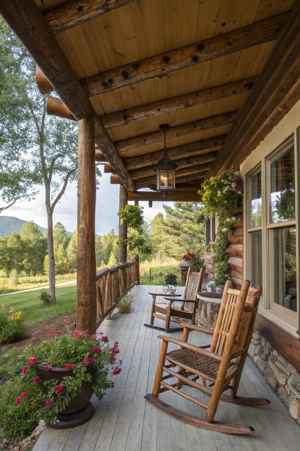 Stained log canopies offer countryside charm.