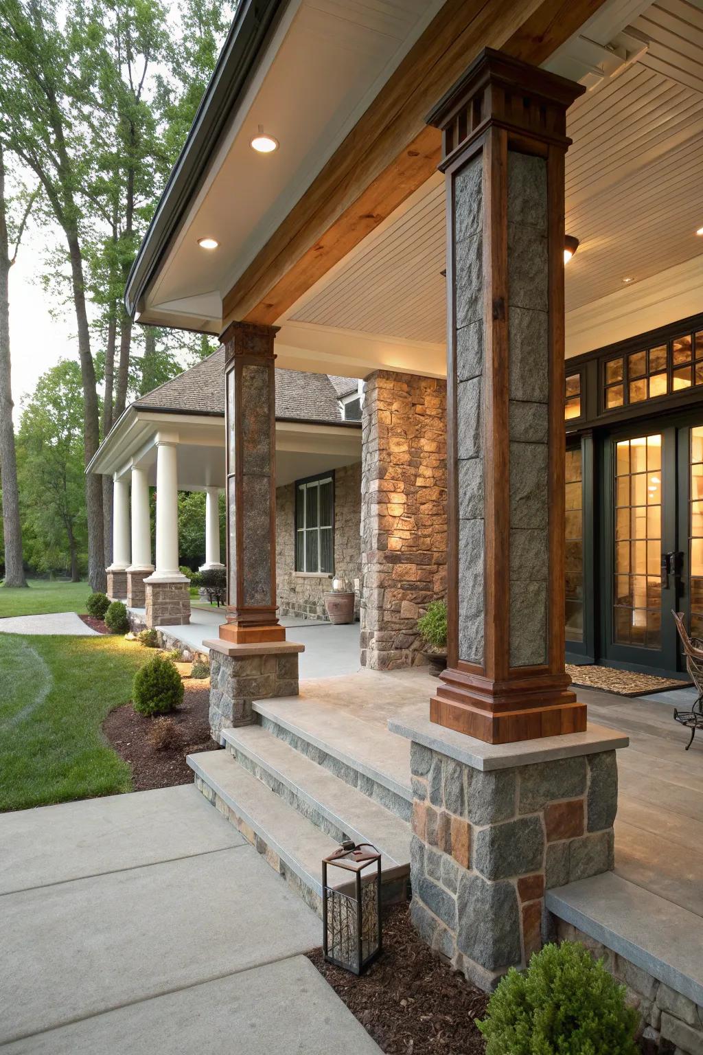 Blended materials on columns create an eclectic and personalized porch design.