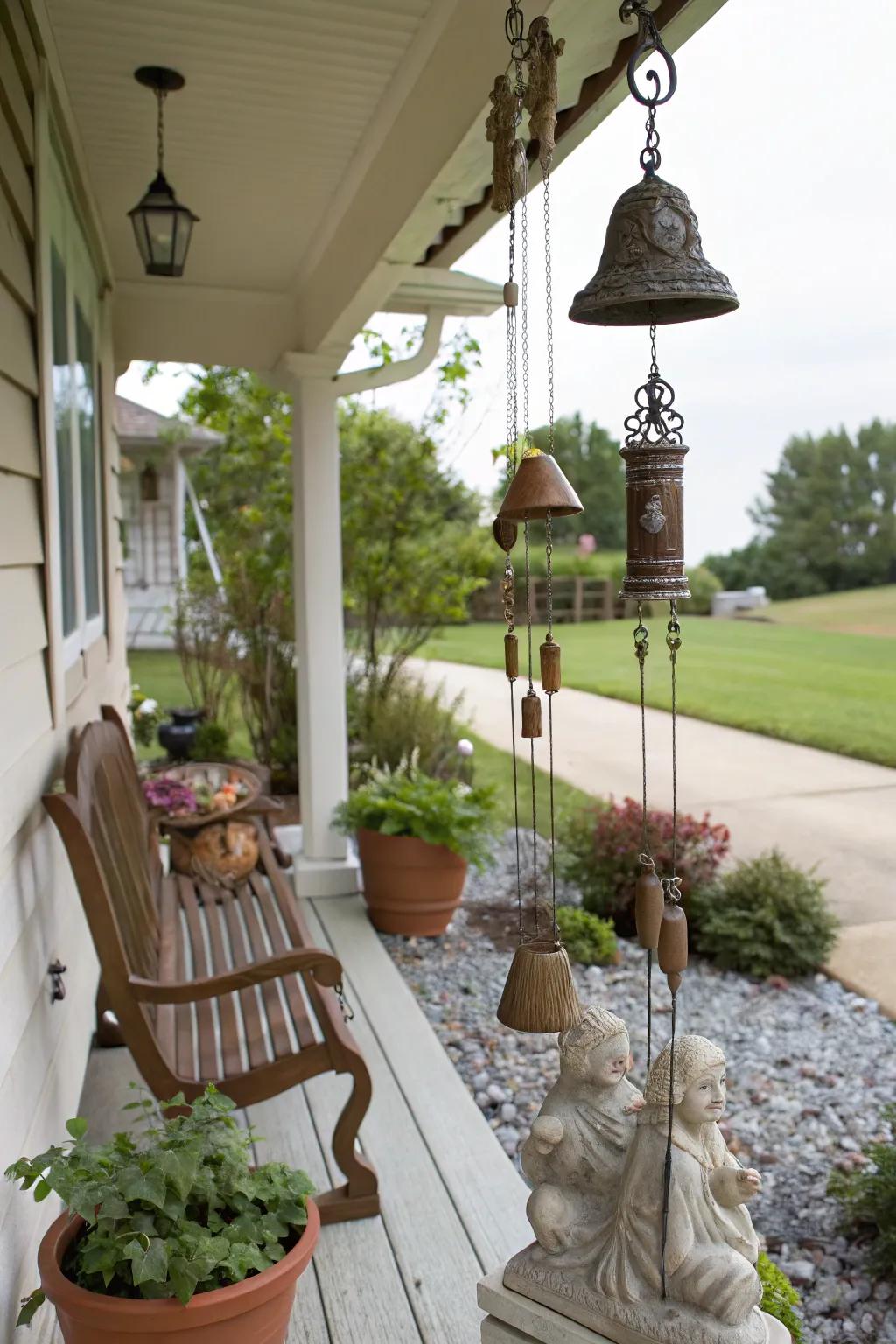 Ornamental wind chimes and sculptures on a front porch.