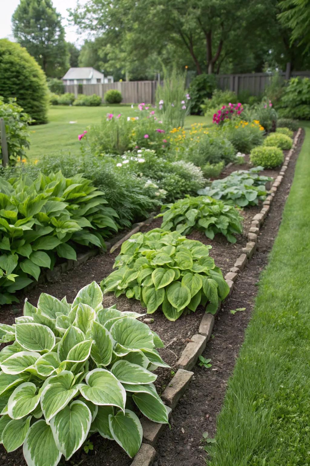 Hostas define garden beds with rich green perimeters.