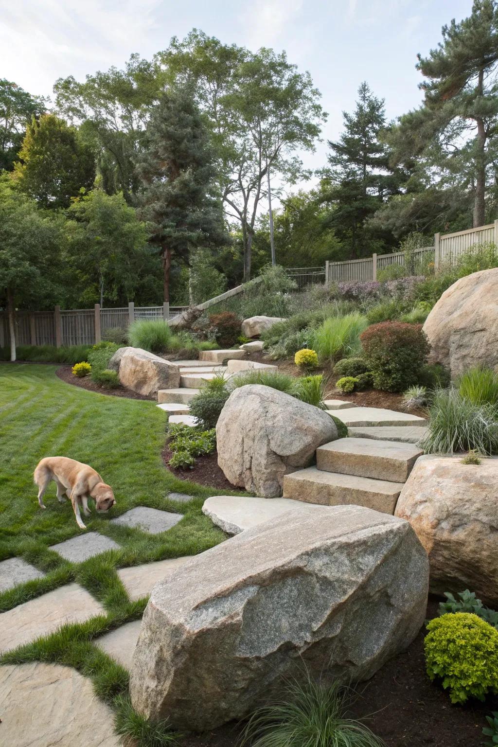 Boulders define spaces, crafting a pet-friendly garden.