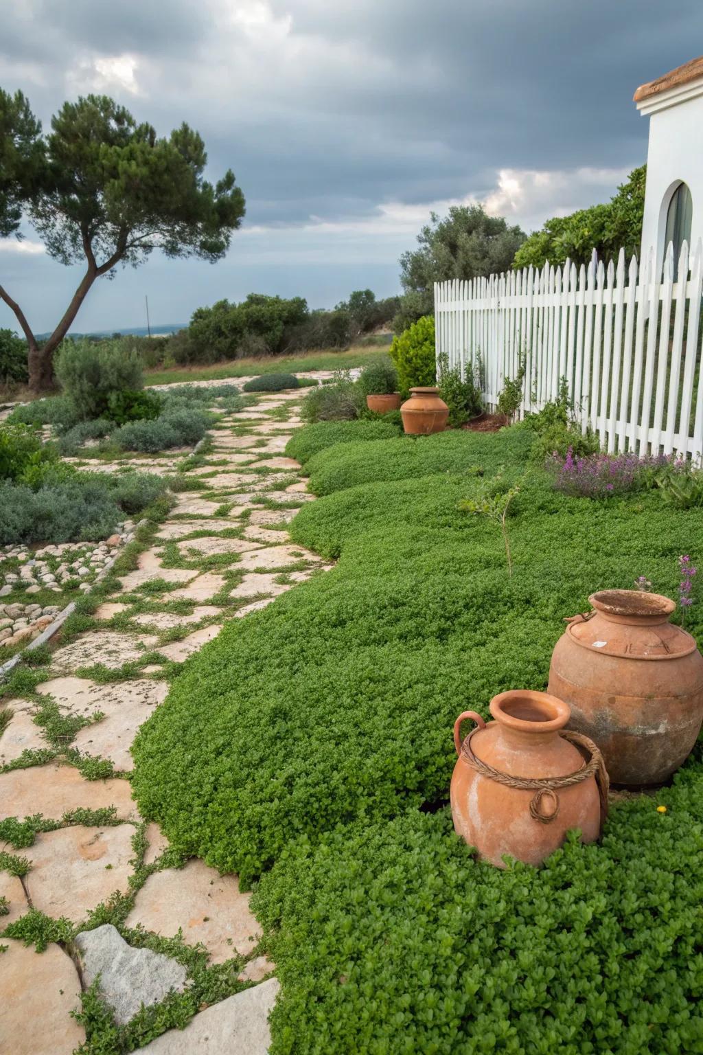 Thyme and clover generate a verdant, eco-friendly option for the conventional grass lawn.