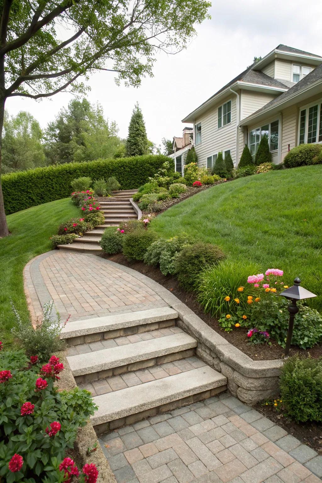 Elevated stone block steps add depth and functionality.