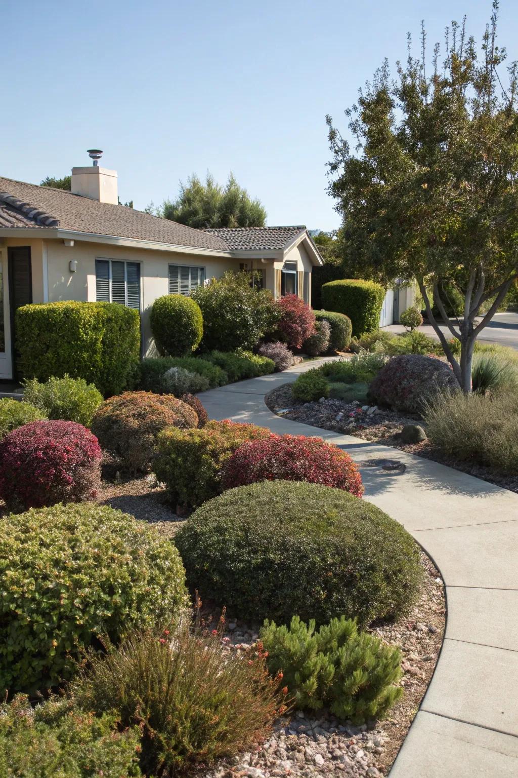 Bushes framing a xeriscaped garden, adding privacy and environmental benefits.