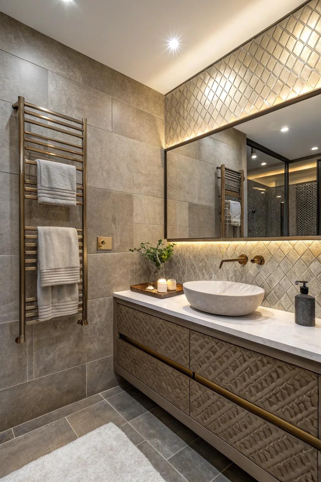 Textured finishes add sophistication and depth to this bathroom.