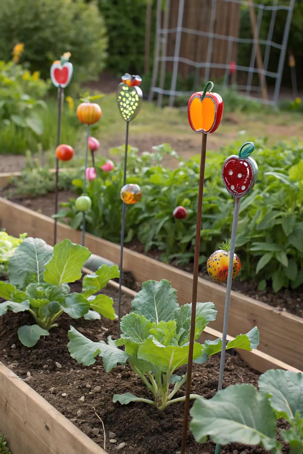 Fruit-themed accents adding color and whimsy to the garden.