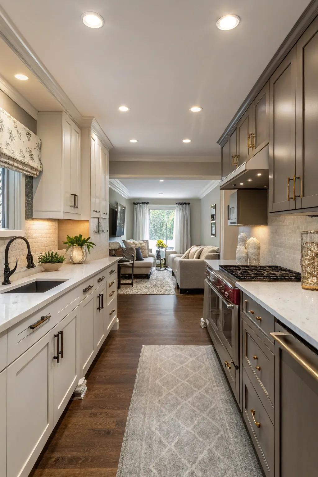 Two-tone cabinets add visual interest with a touch of class.