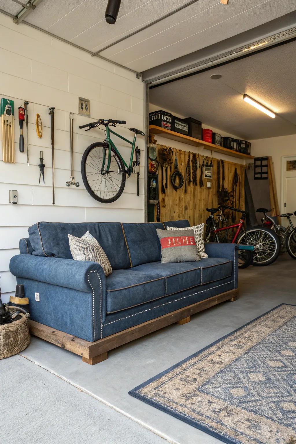 A rugged denim divan furnishes a casual and laid-back vibe for your garage.