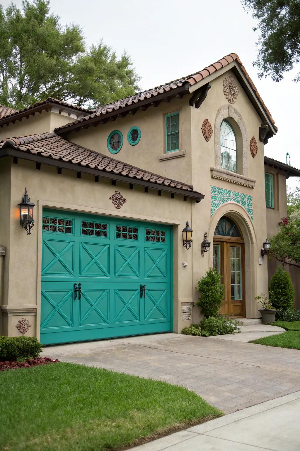 Vibrant teal garage entrances deliver a refreshing and lively contrast.