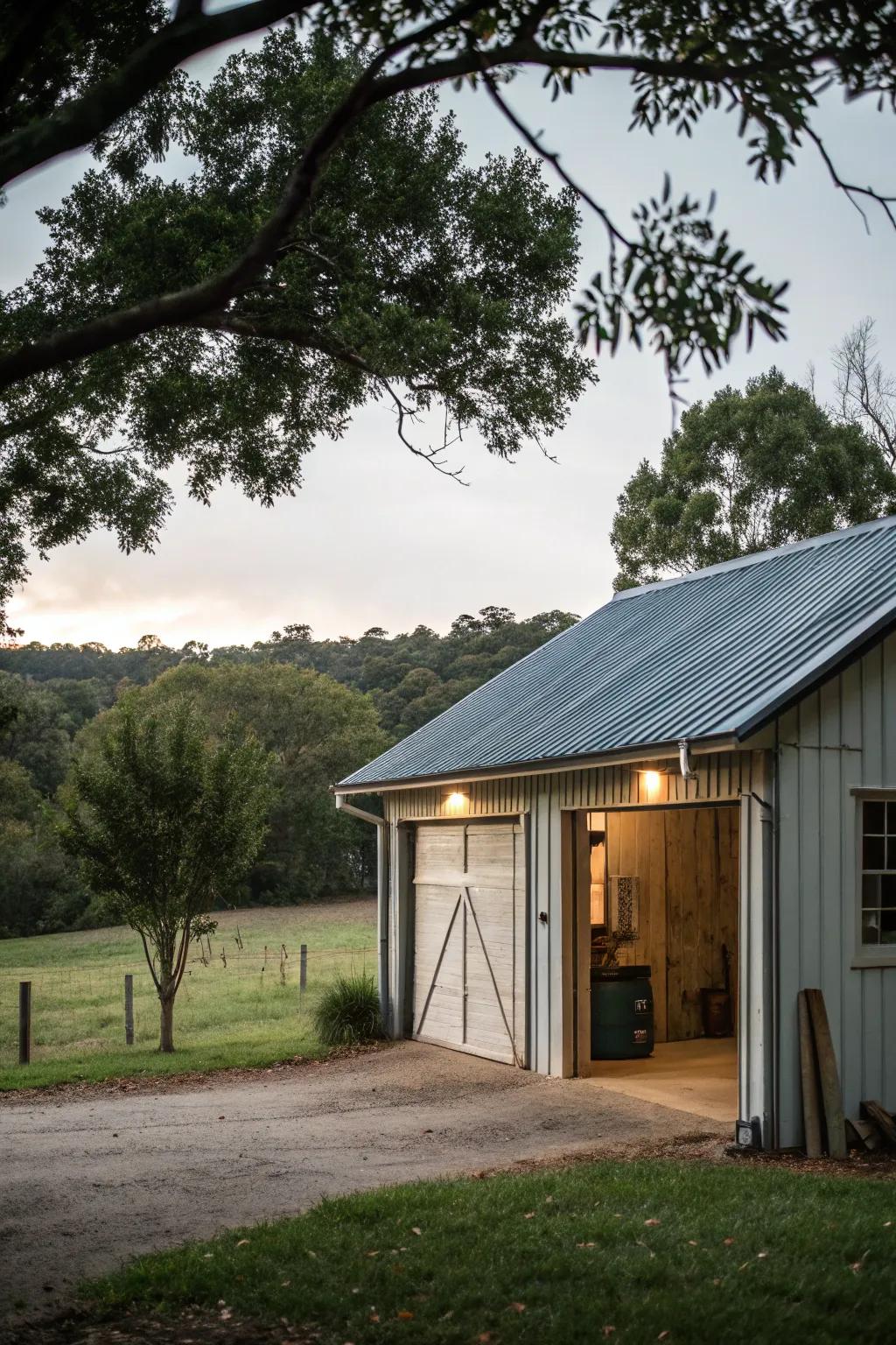 A country-style metal roof extension infuses vintage allure to the garage.