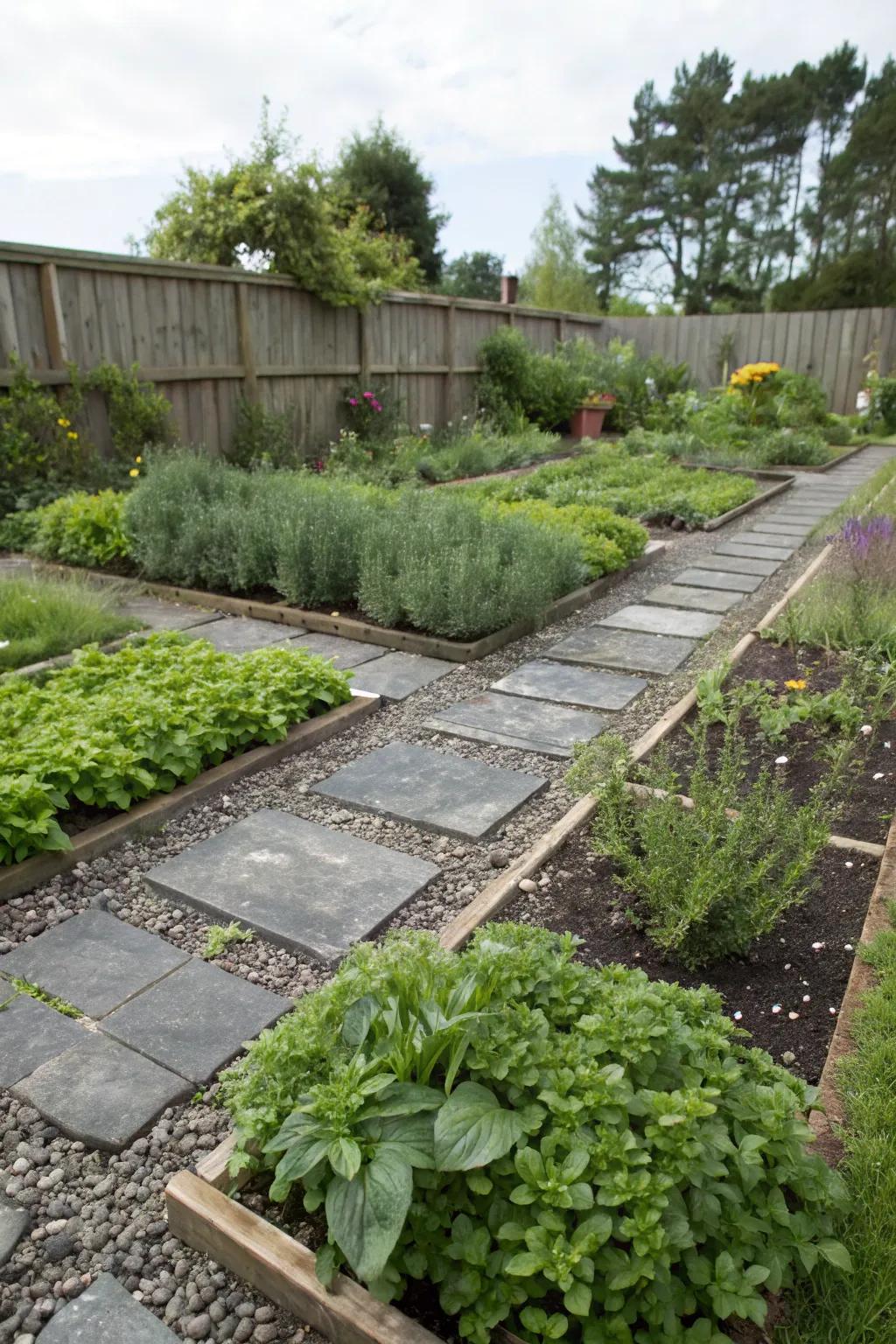 Organize your herb garden through delineated pathways employing stone fragments.