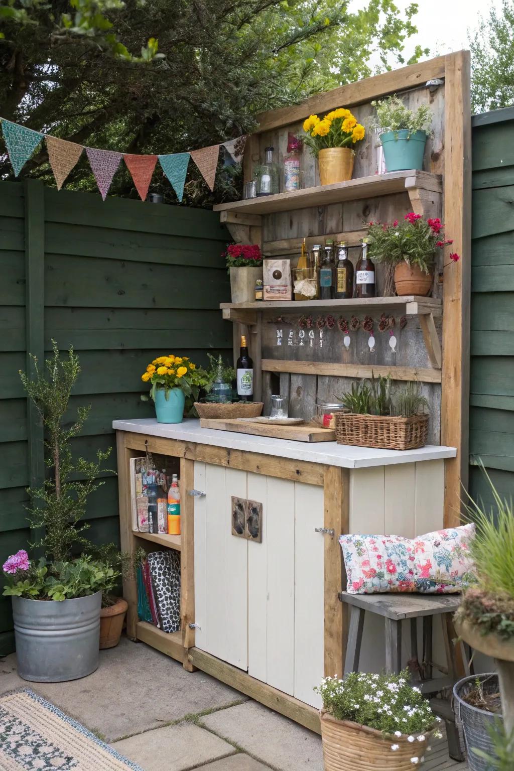 A DIY garden serving spot enhances outdoor social gatherings.