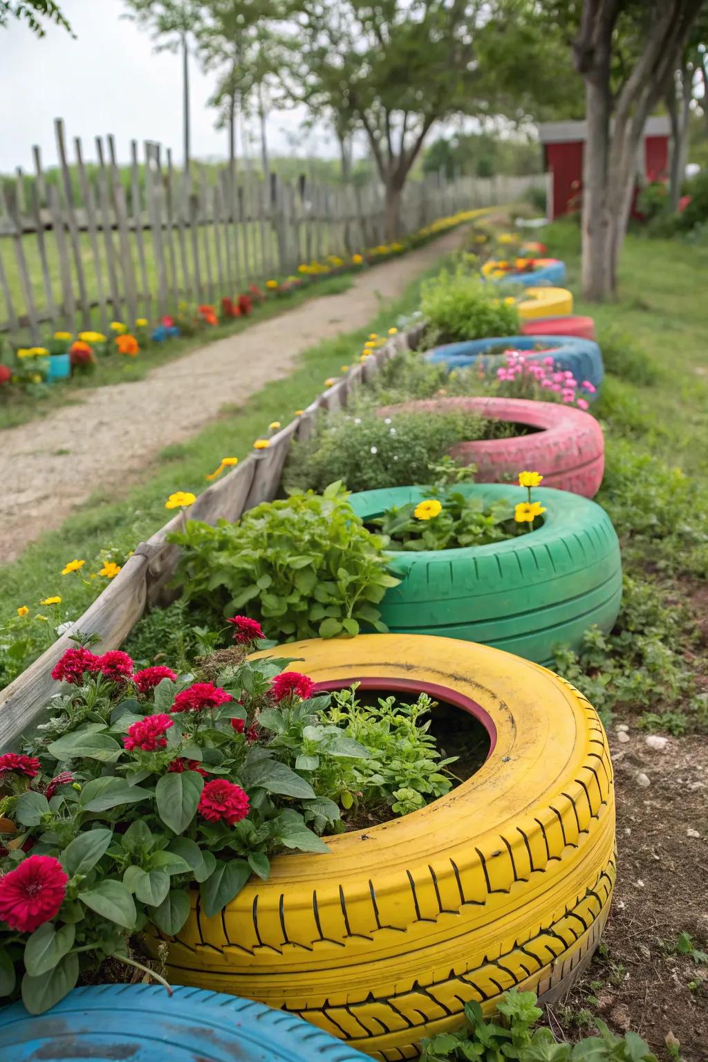 Tire containers add fun and color.