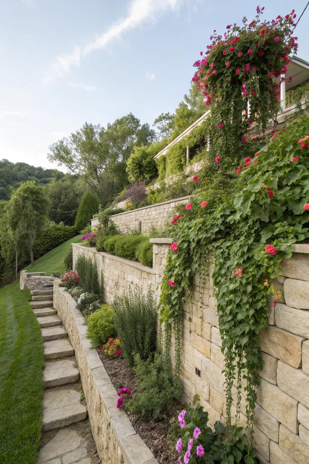 Draping plants create a soft, natural look for retaining walls on slopes.