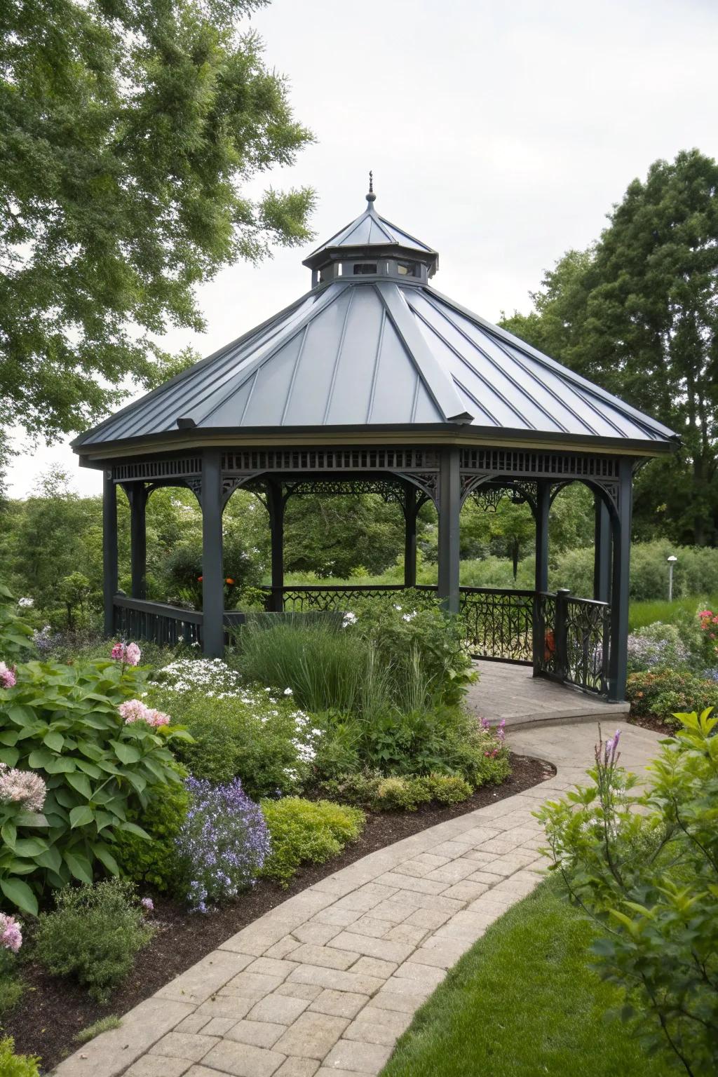 A gazebo with an aluminum roof, ready for all weather conditions.