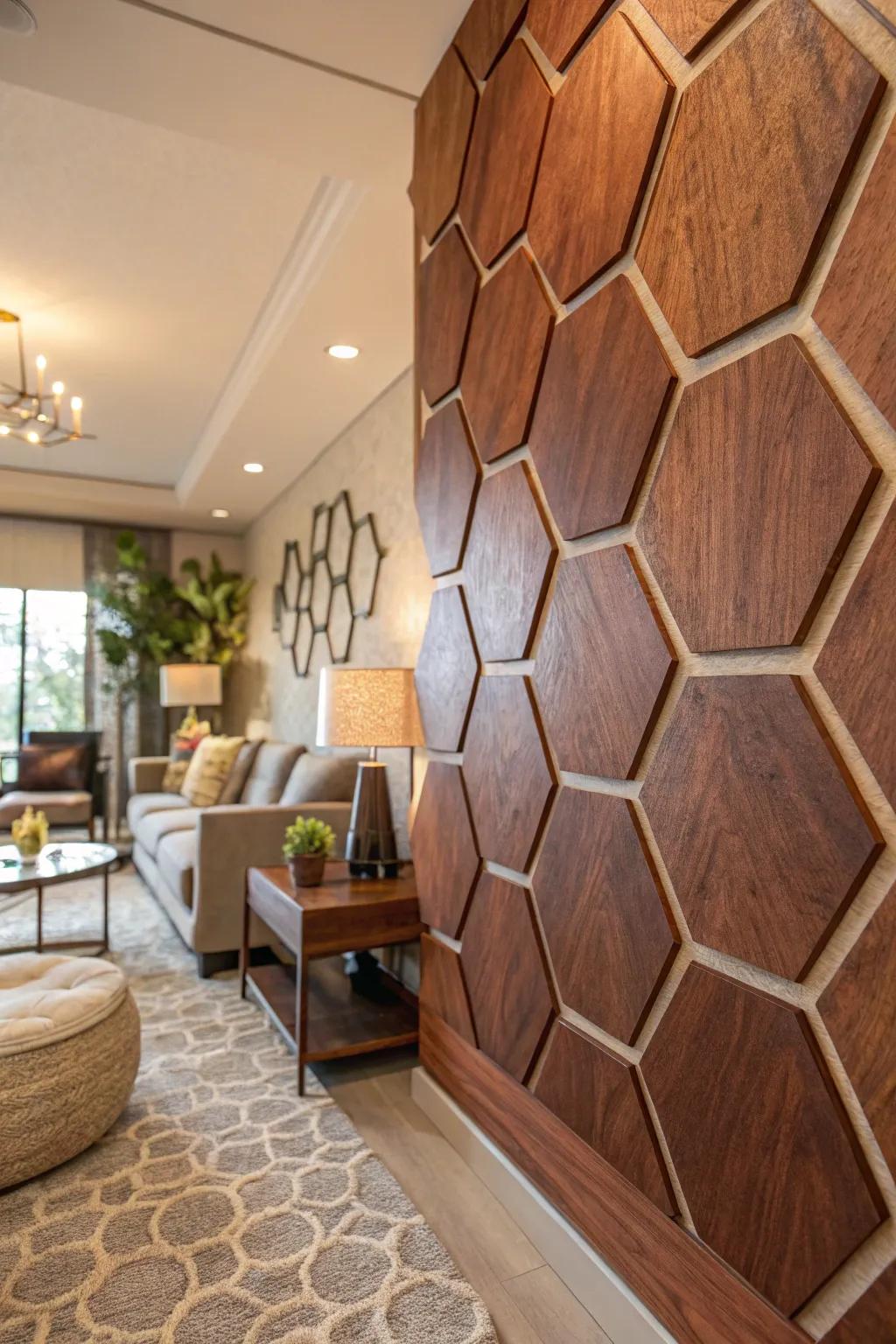 Impart warmth through hexagonal wood pieces.