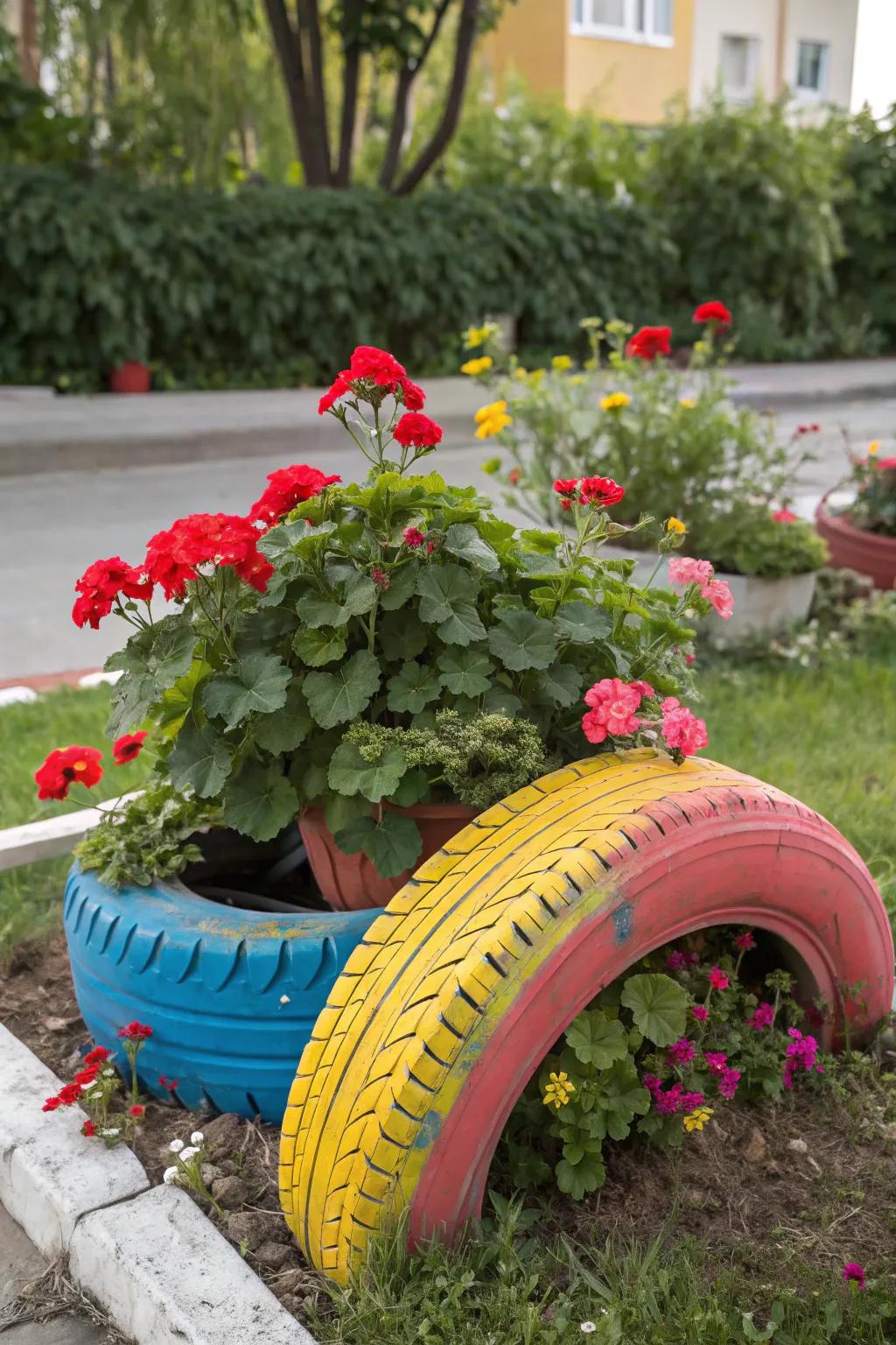 A creatively repurposed tire introduces a burst of color and enjoyment as a sunbeam bloom planter.