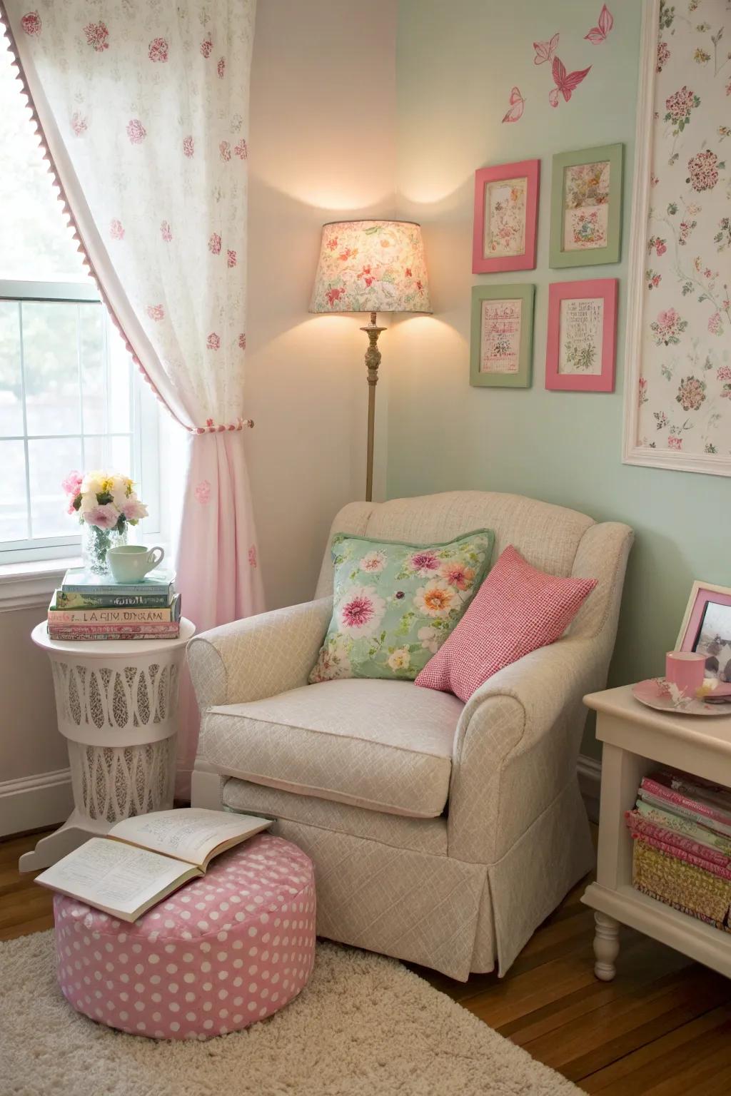 A reading nook invites relaxation and peace.