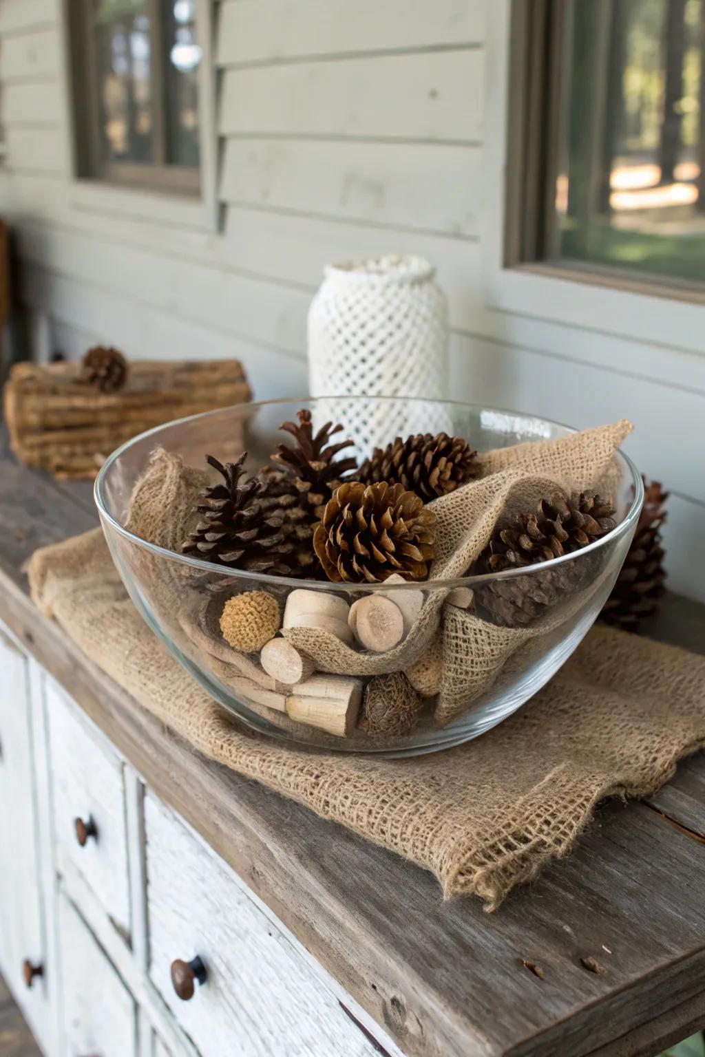 A rustic retreat with earthy elements in a glass bowl.