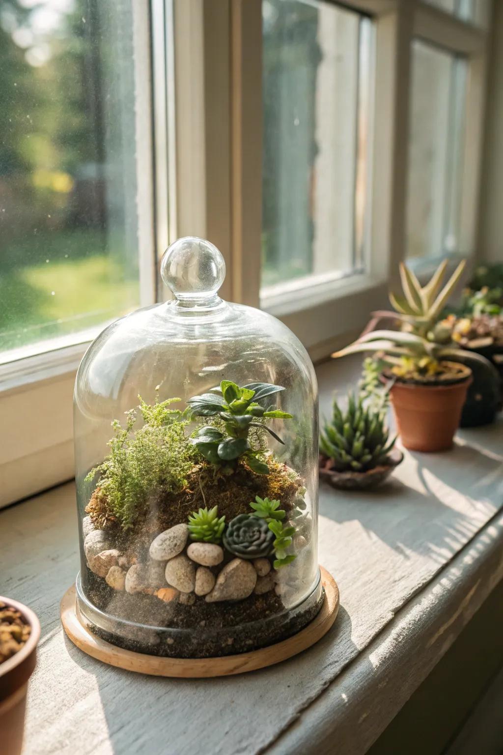 A petite terrarium positioned underneath a glass cover conveys nature indoors.
