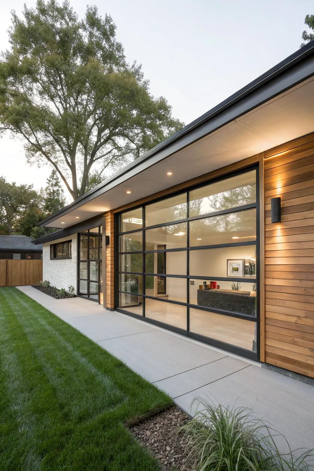 A mid-century modern home with a stylish glass overhead door.