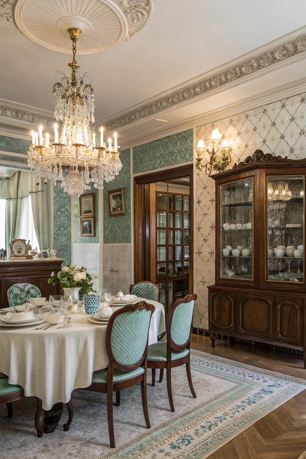Glass squares paired with vintage décor offer a charming contrast.