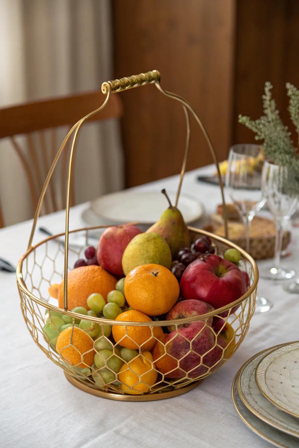 Vibrant gold wire basket centerpiece with seasonal fruits.