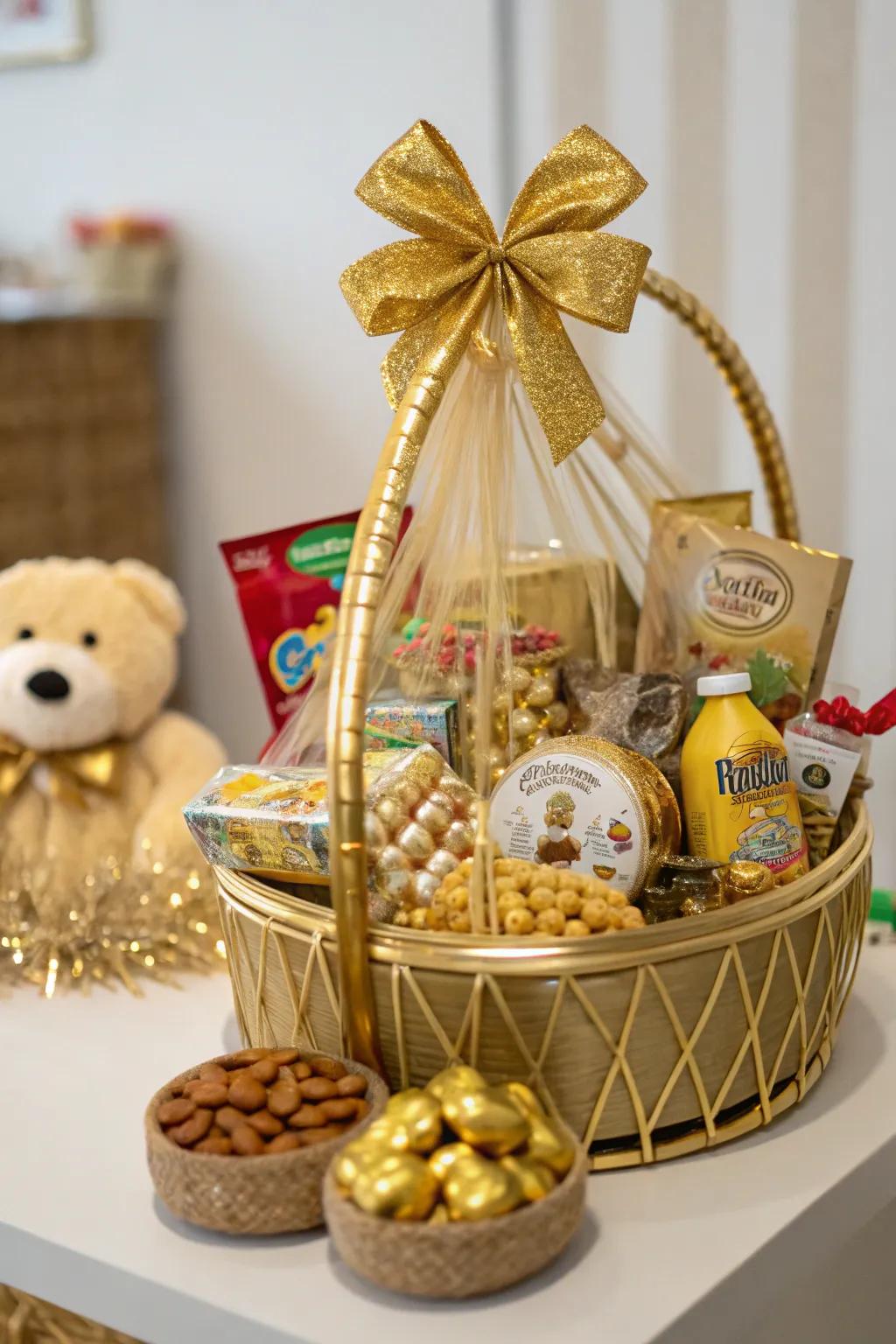 A delightful golden gift basket filled with surprises and treats.