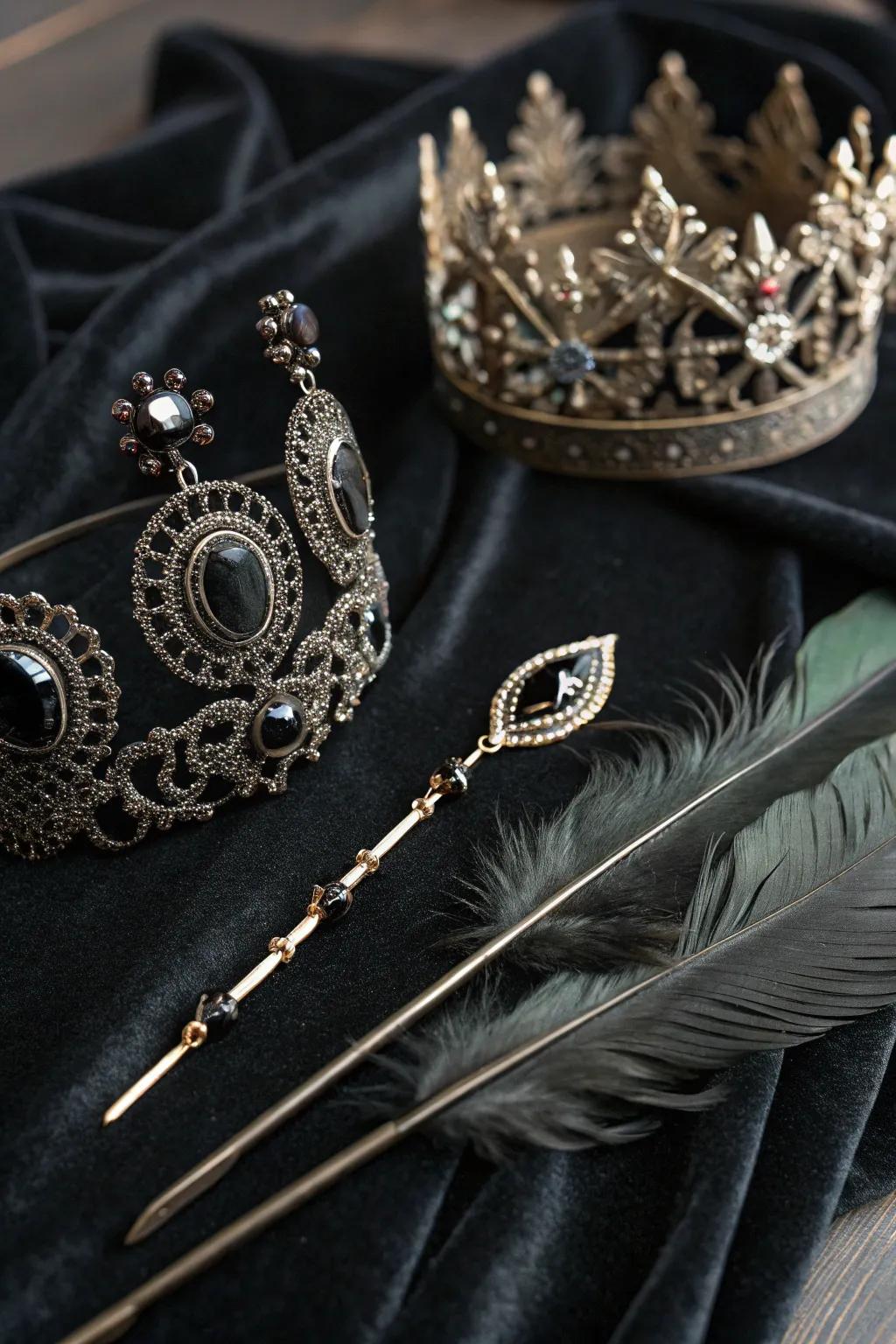 Gothic hair adornments featuring ornate clasps and a crown.