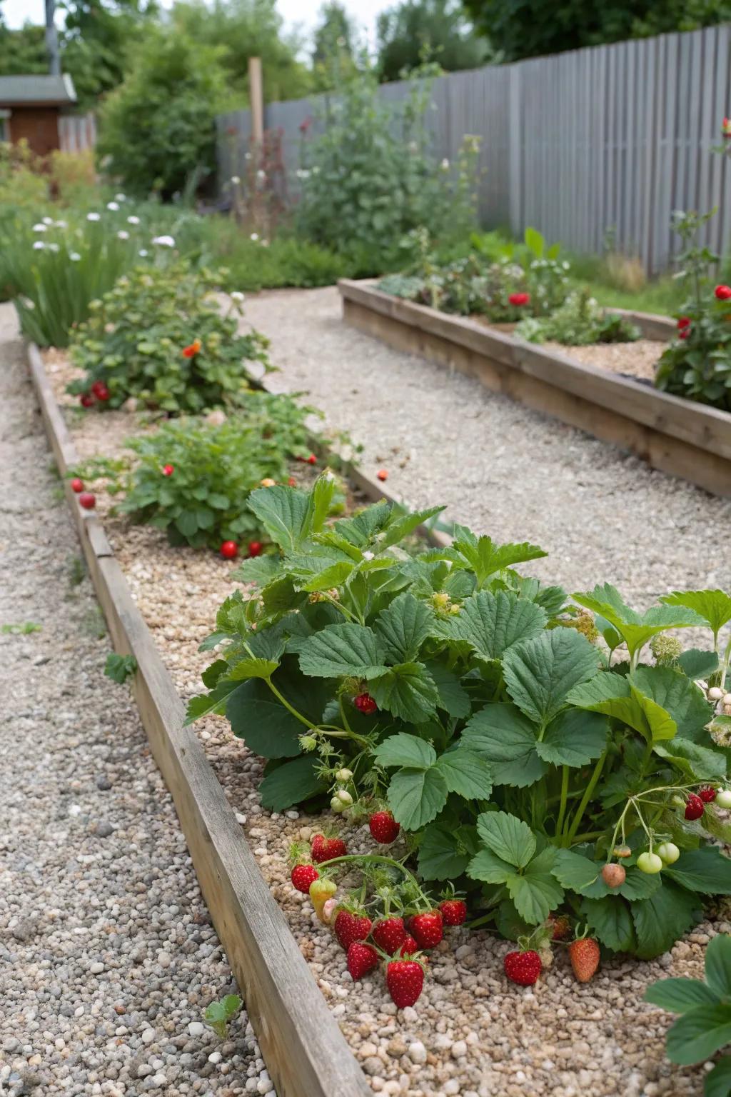 An edible stone flower garden displaying strawberries