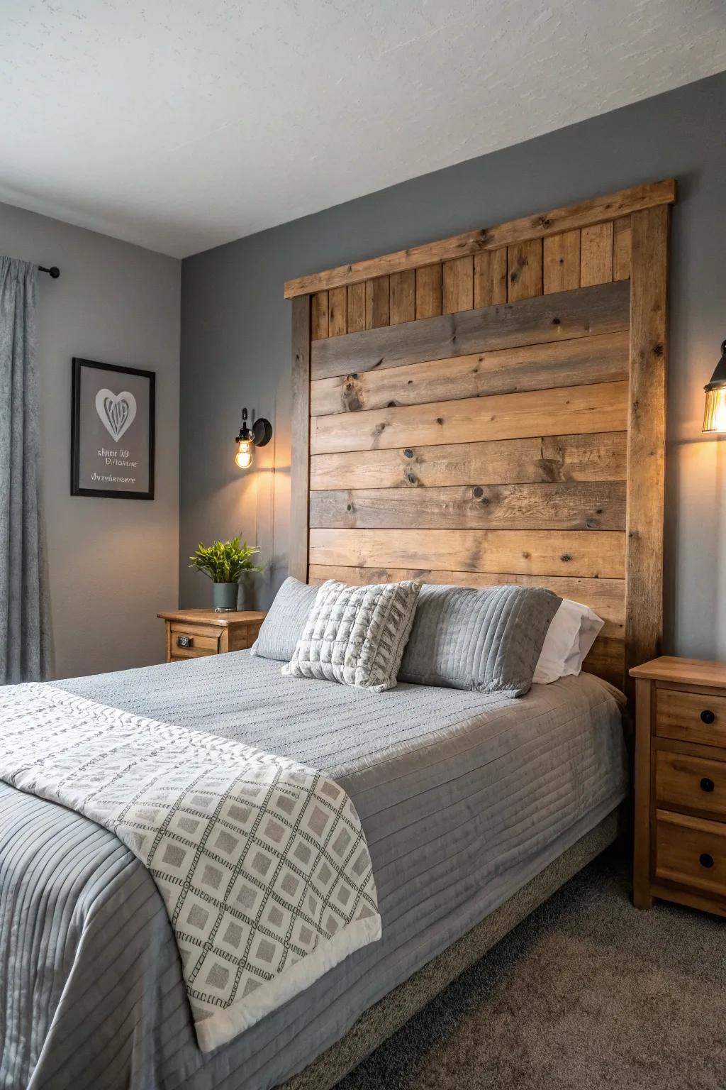 A cozy gray bedroom showcasing charming countryside textures.