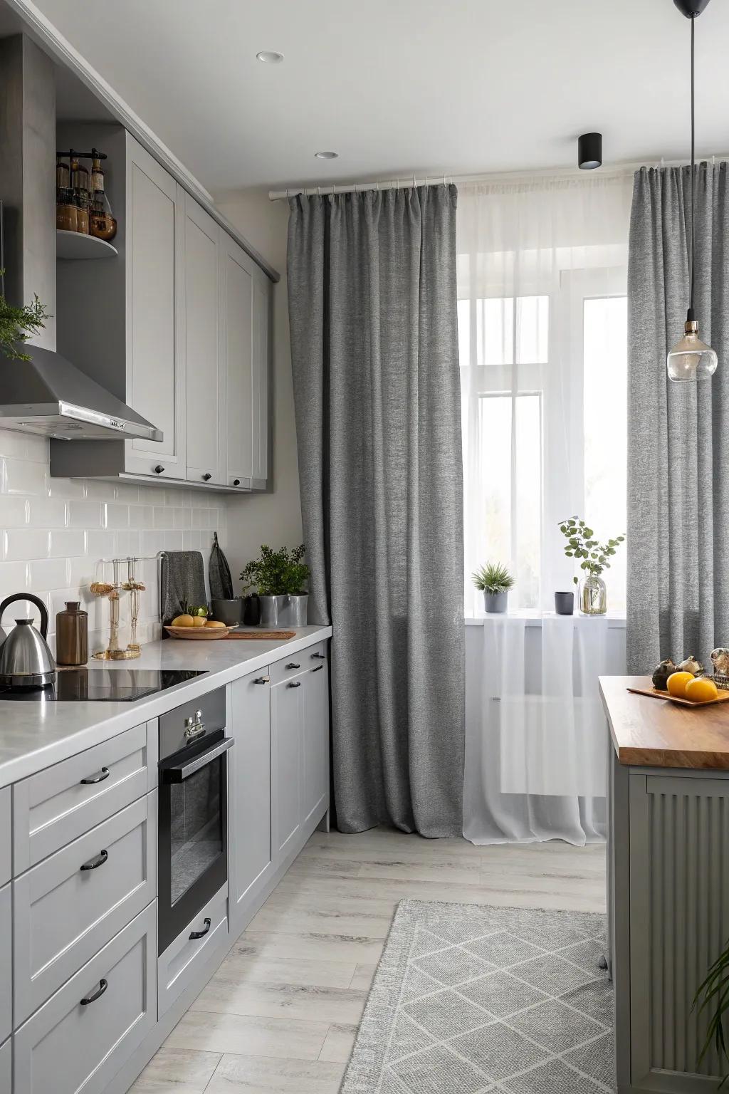 Monochromatic style with shades of gray for a harmonious kitchen look.