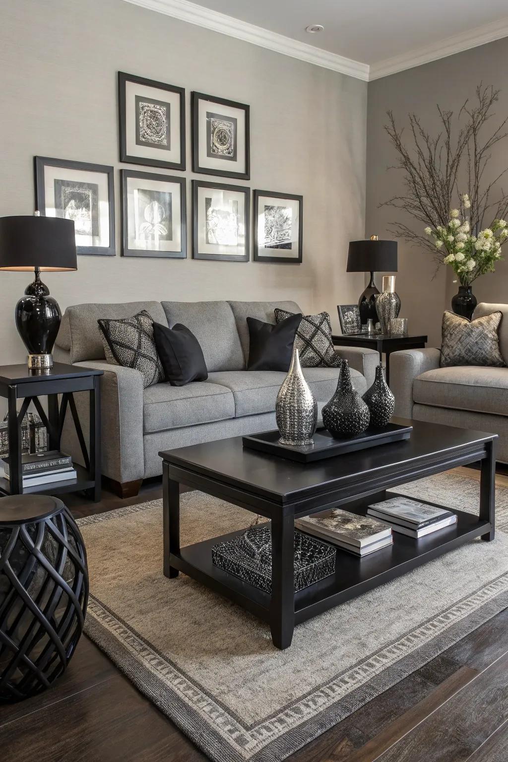 Black details deliver bold contrast within a gray room.