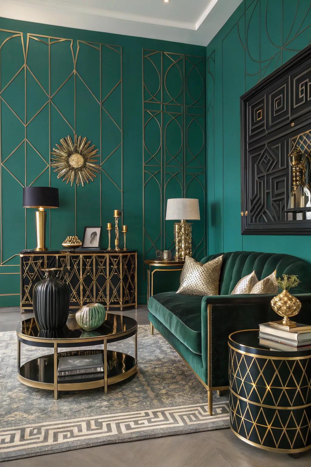 Blue-green walls bring art deco glamour to this space.