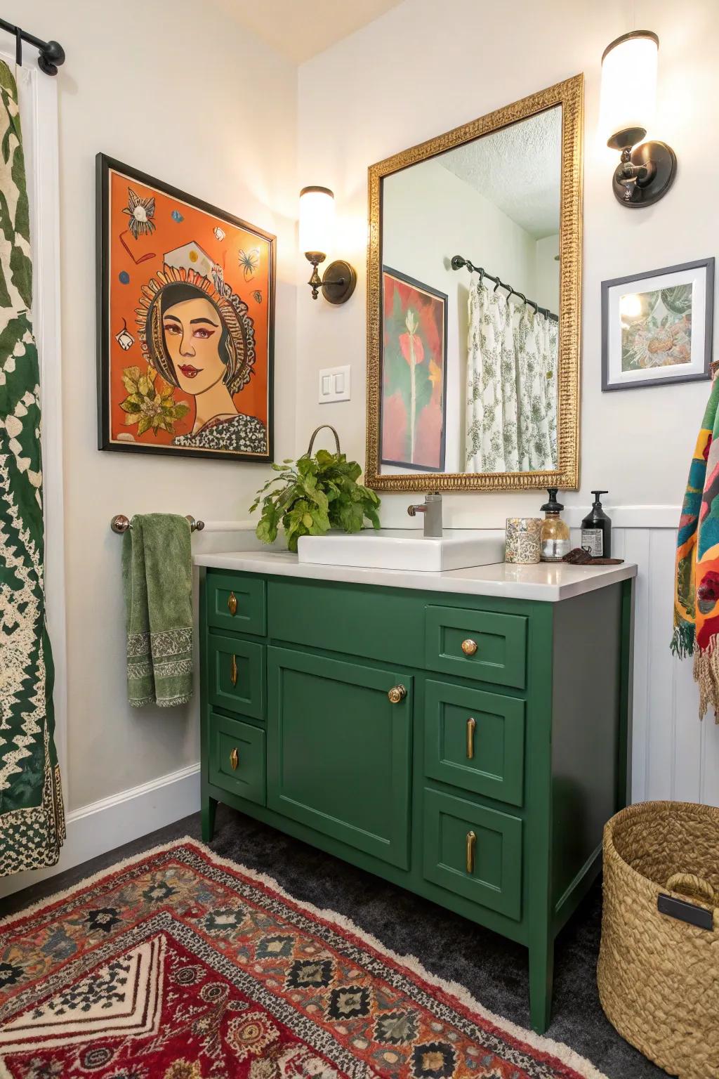 Eclectic features combined with a verdant console for a unique aesthetic.