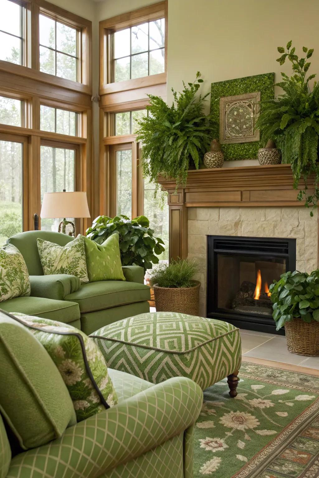 A dynamic living room featuring a fireplace with layered green hues.