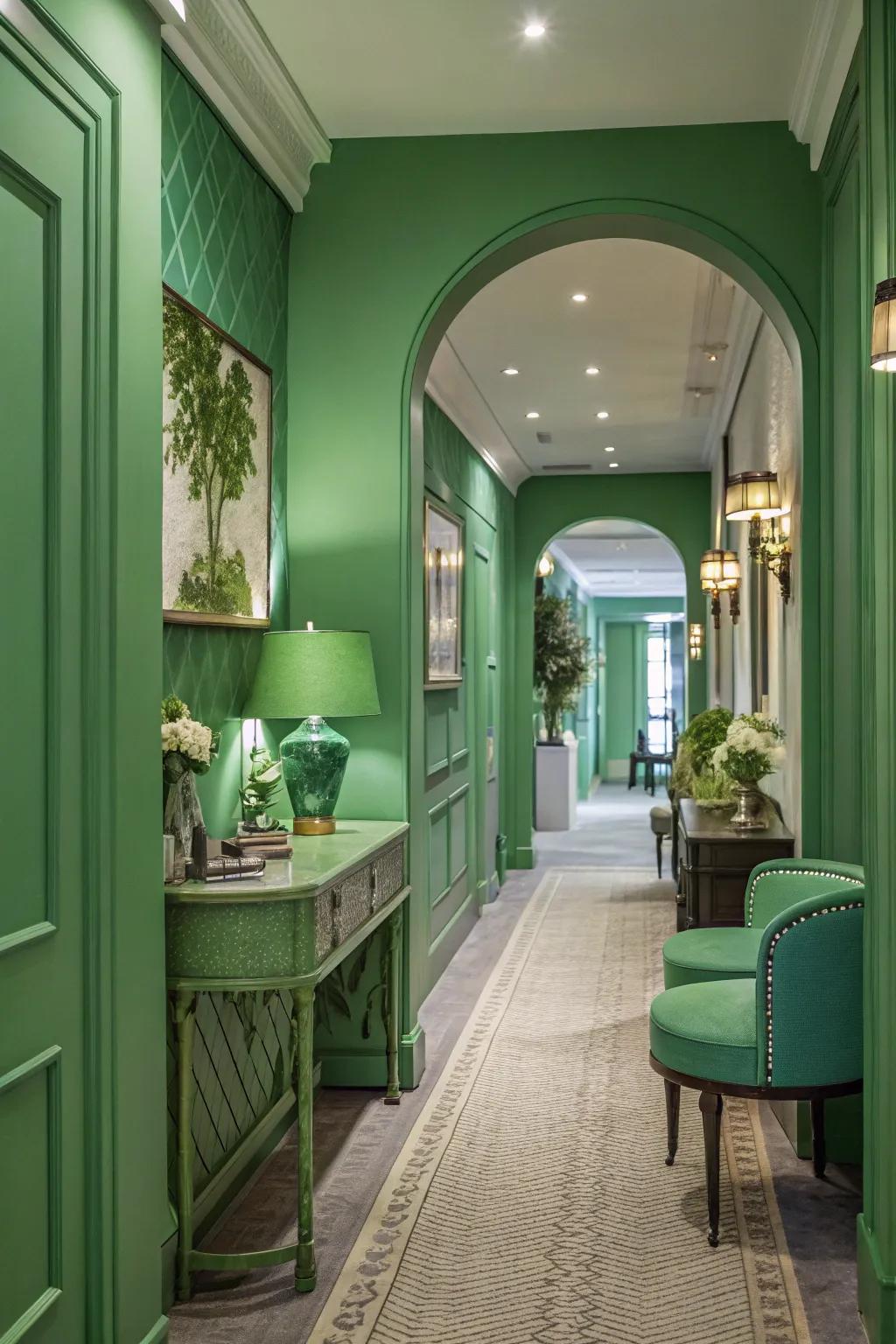 A monochromatic green scheme creates a harmonious and stylish hallway.