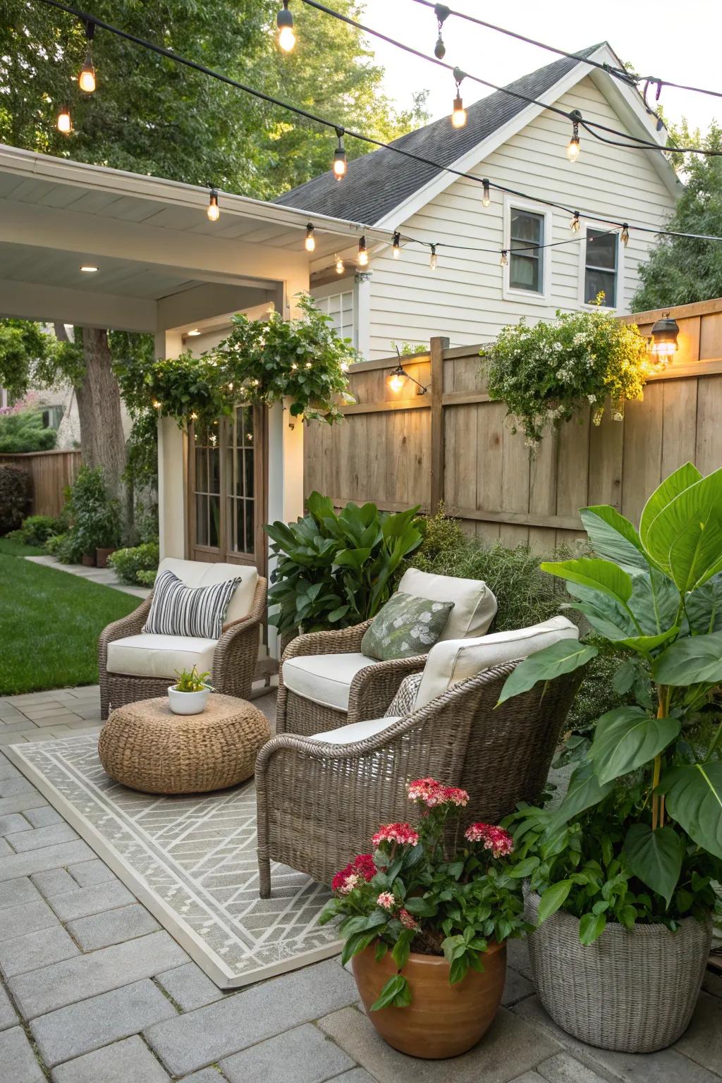 Potted green leaves create an inviting outdoor retreat.
