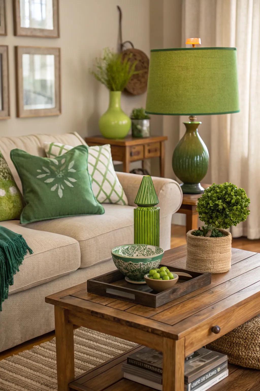 Unexpected green accents add charm and intrigue.