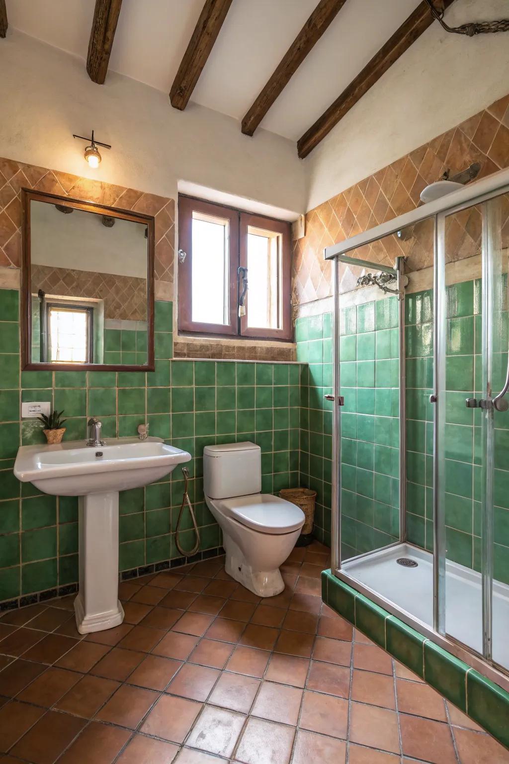 Green earthenware tiles add rustic warmth and texture.