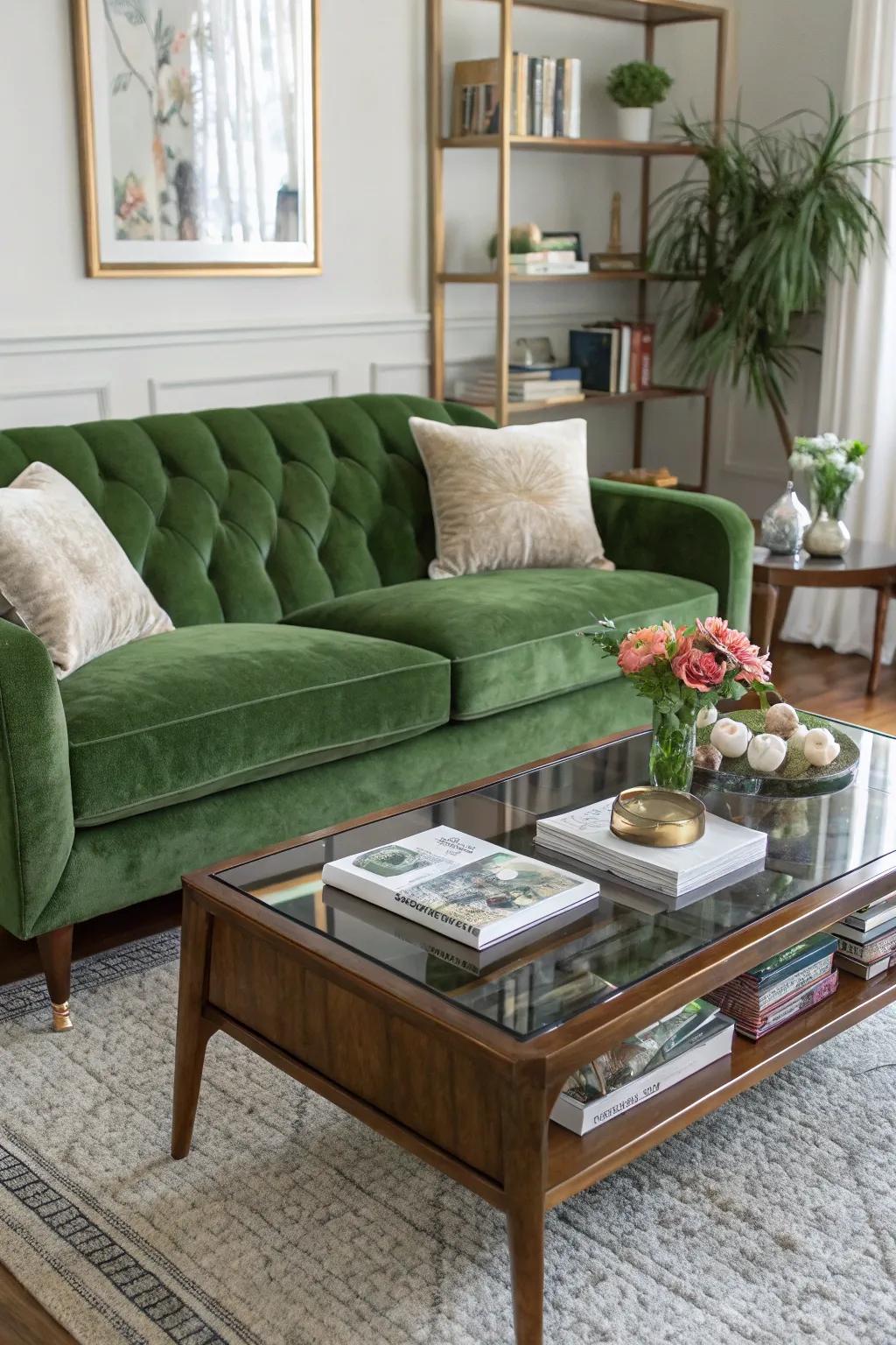 A mid-century modern living room with a forest-toned plush sofa and retro elements.