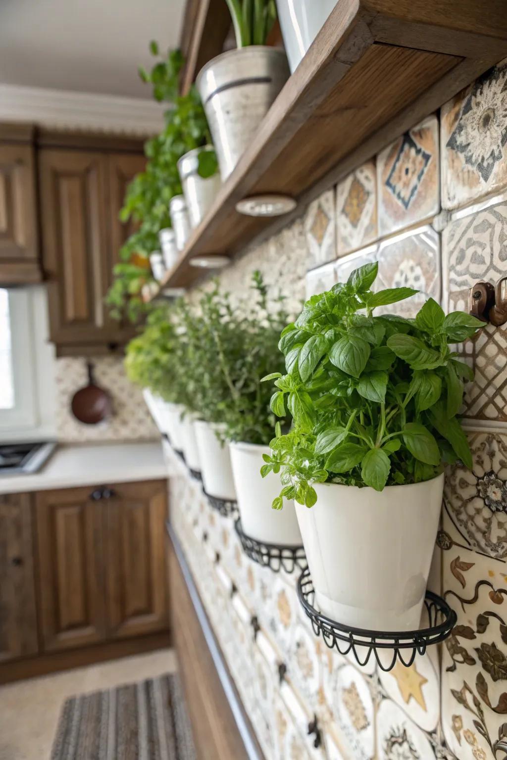 An herb garden wall adds fresh flavors and greenery to the kitchen.