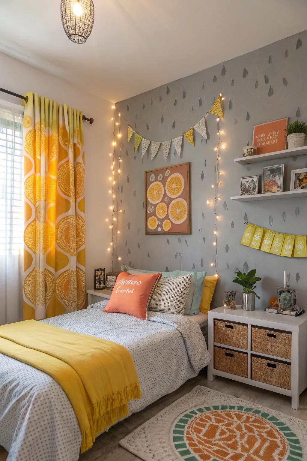 A burst of citrus hues imparts an element of energy to this grey feature wall.