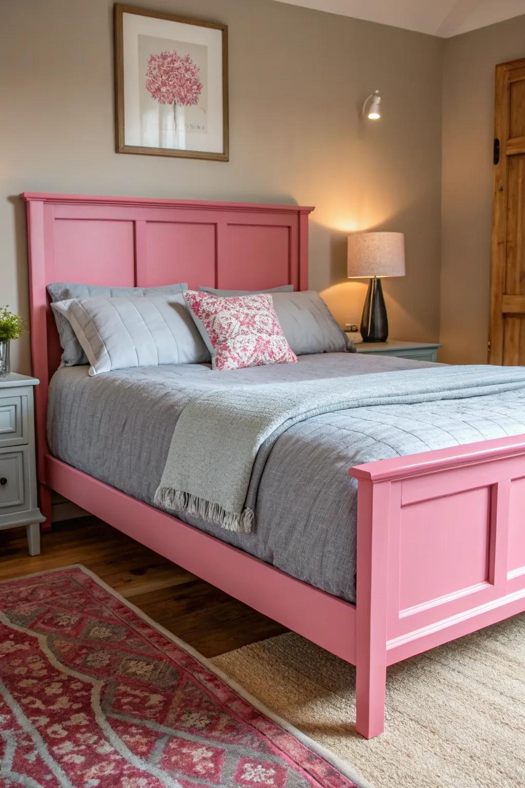 A pink bedstead acts as a bold centerpiece in the bedroom.