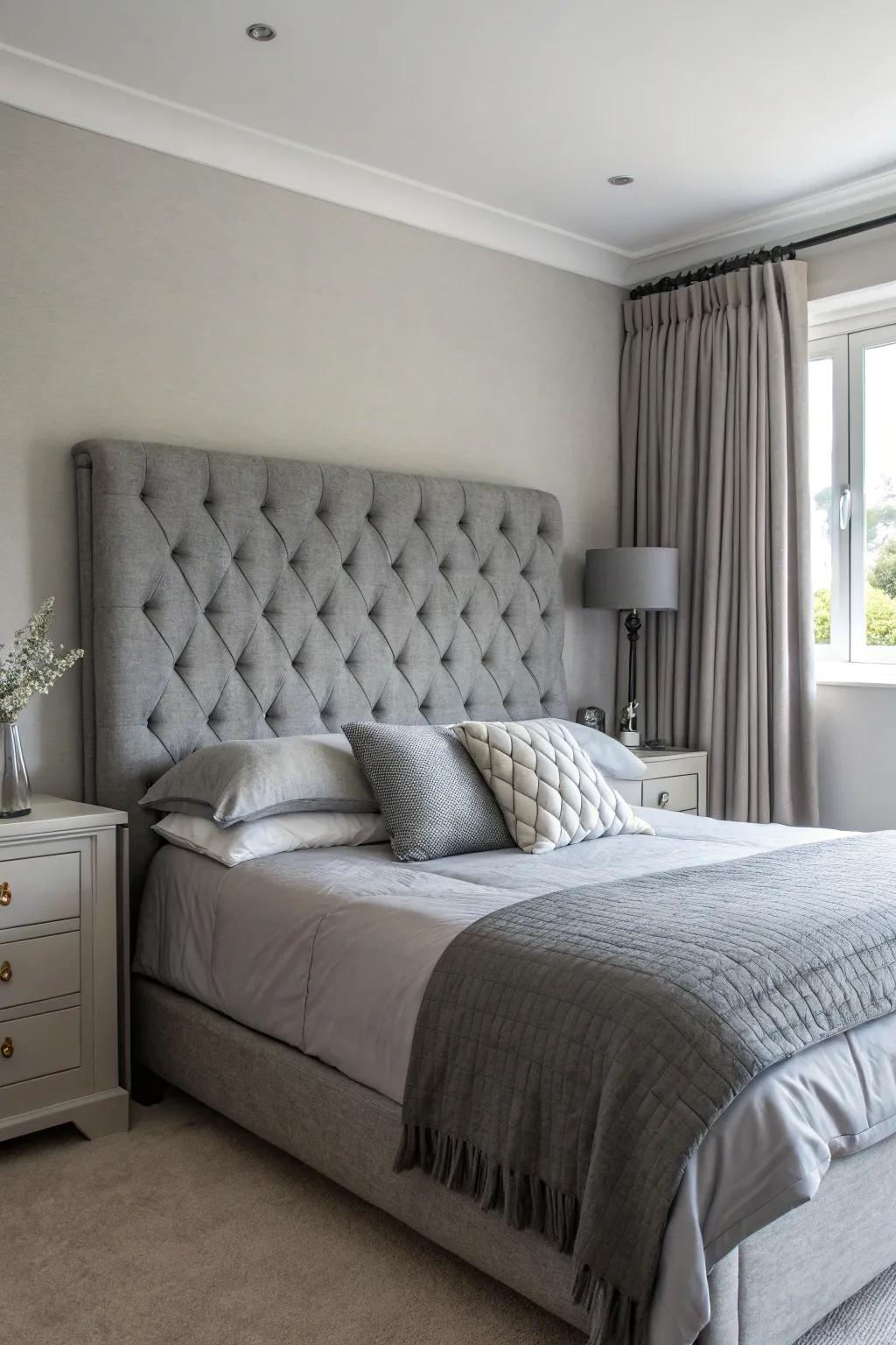An upholstered grey headboard grounds the bed.