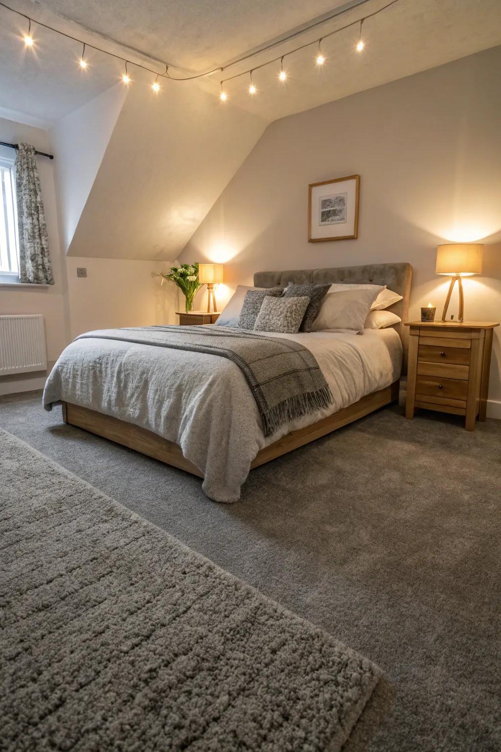 Accent lighting highlights the texture and elegance of the ash-toned floor covering.