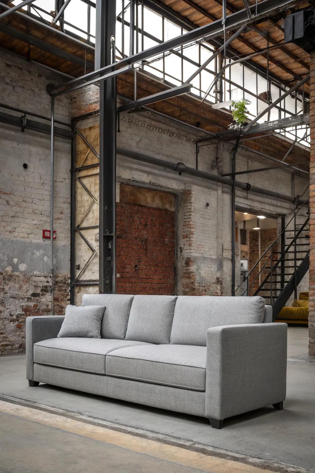 Industrial elements give a modern twist to a gray sofa.